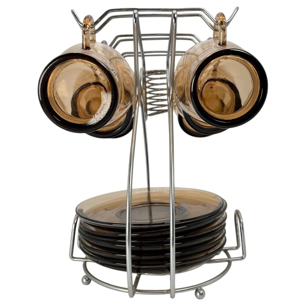 Duralex Amber Brown Glass Espresso Coffee Cup & Saucer 12 Pc Set + Display Stand - Picture 5 of 16